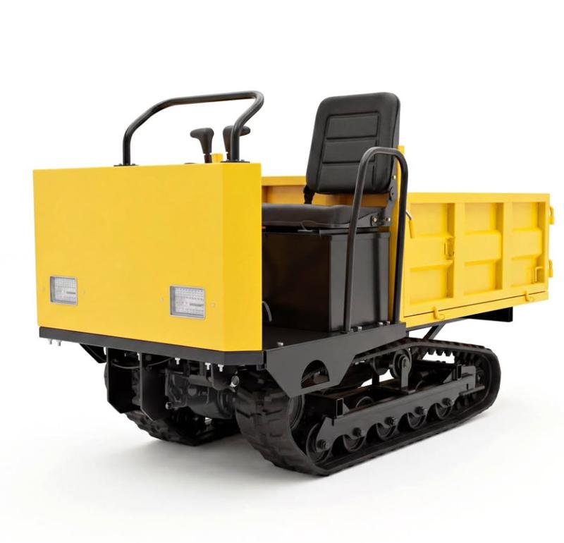 Yellow tracked mini crawler dumper with a raised steel dump bed and rubber tracks