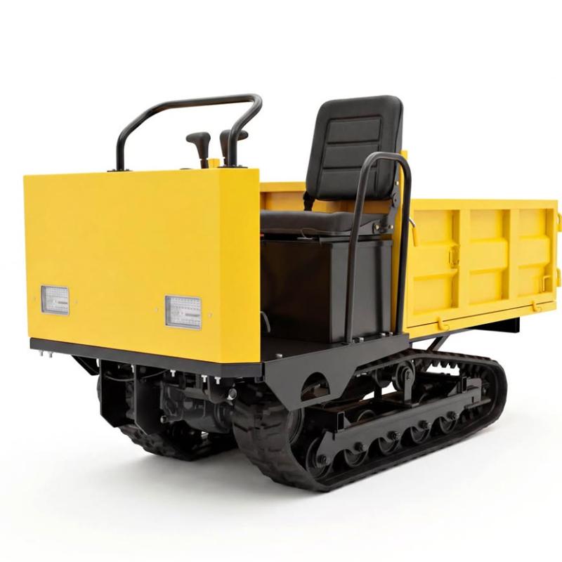 Yellow tracked mini crawler dumper with a raised steel dump bed and rubber tracks